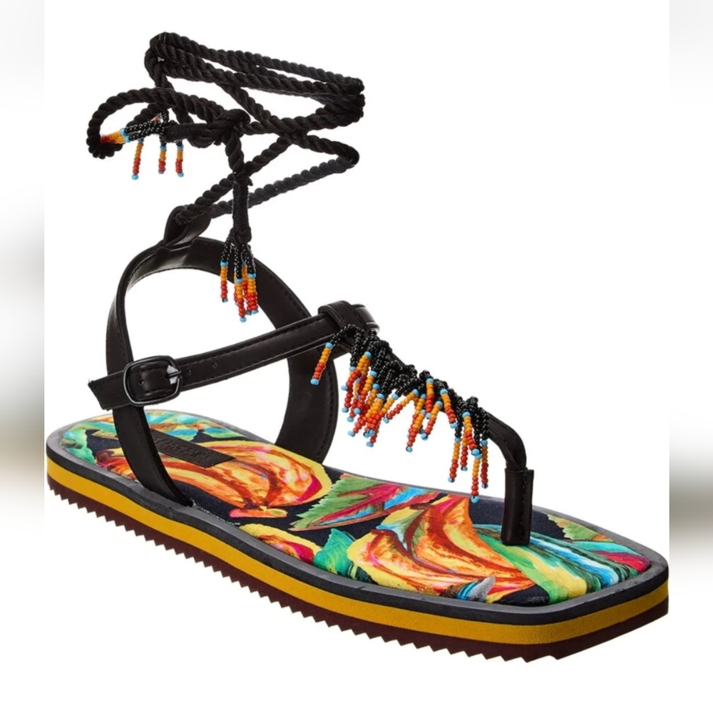 Farm Rio Women's Beaded Flat Black Sandal. Size 7